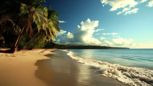 Tropical Paradise Beach with Palm Trees and Turquoise Waters.