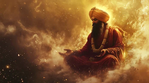 Mystic turbaned sage meditates inside radiant cosmic haze.
