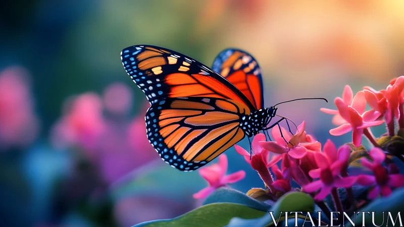 Bright monarch butterfly resting softly on pink blossoms.