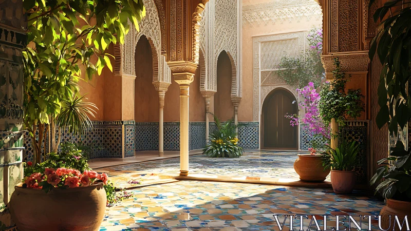 Sunlit riad courtyard with lush plants and mosaics.