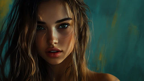 Digital portrait of wet-haired woman in teal studio light.