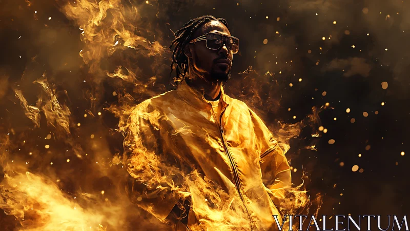 Figure surrounded by flames, wearing yellow jacket