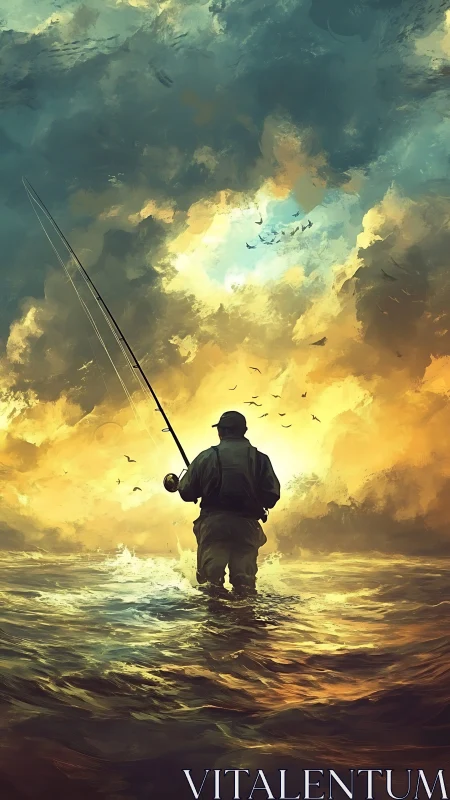 Solitary fisherman under stormlit golden seascape sky.