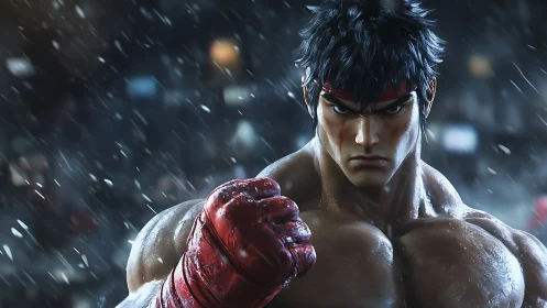 Digital rendering of muscular fighter with raised gloved fist.