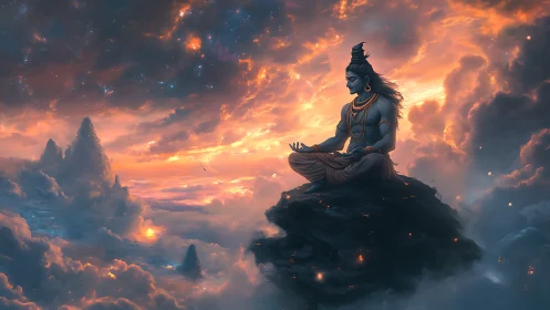 Divine yogi meditates above glowing clouds at cosmic dusk