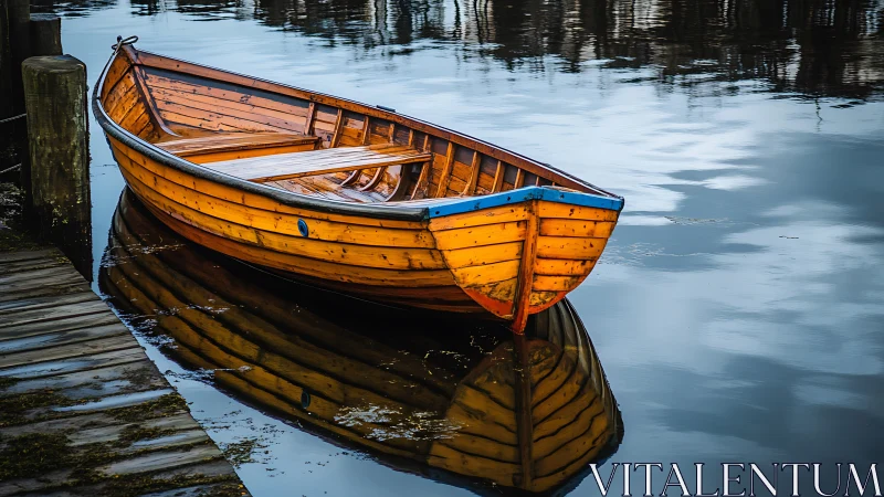 Sunlit wooden rowboat rests quietly on mirrored harbor water