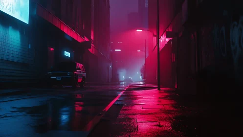 Wet urban alley is illuminated by red and cyan neon lighting