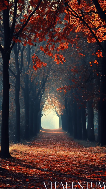 Autumnal tree tunnel with volumetric light and leaf carpeted path.