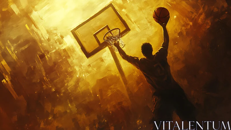 Golden-hued basketball dunk scene captures peak motion and energy.