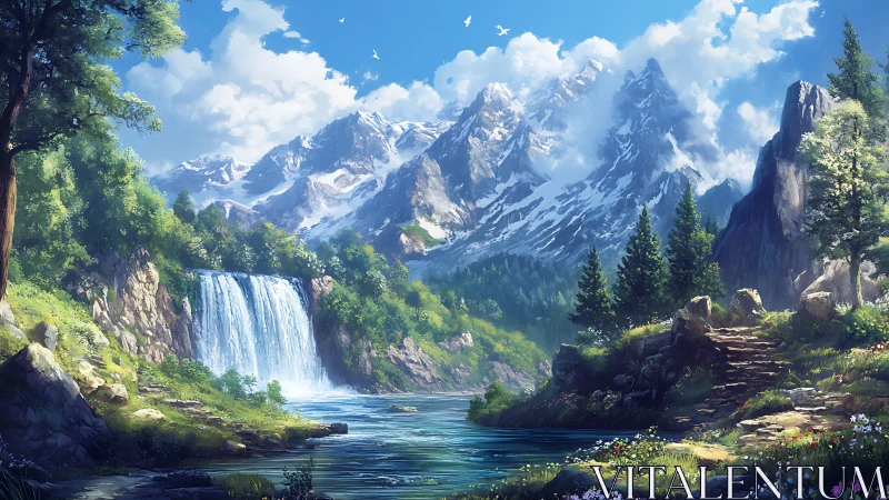 Mountain landscape with waterfall, forest, and river scene.
