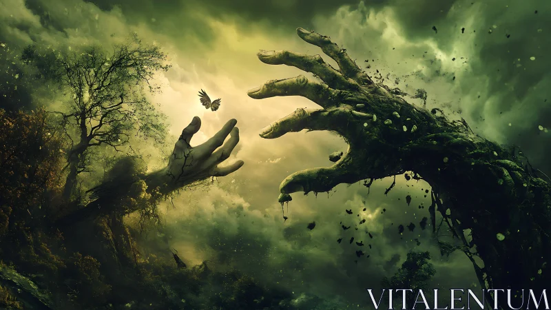 Giant mossy hands reach across a storm-lit fantasy sky.