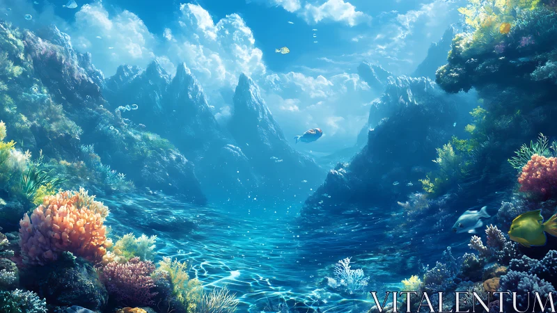 Underwater canyon scene shows coral reef and tropical fish