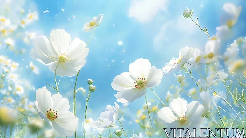 Elevated cosmos flower specimens against luminous cerulean sky backdrop.