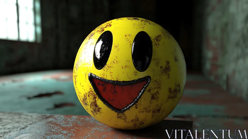 Distressed smiley sphere rests in moody industrial room.
