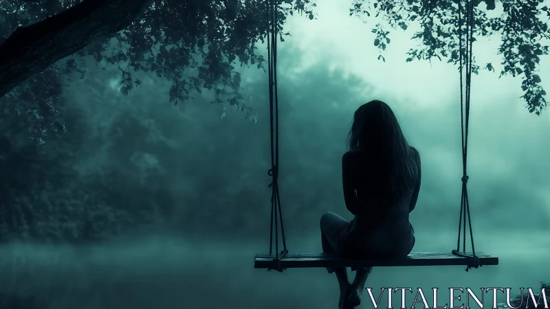 Silhouetted woman sits on wooden swing over misty water