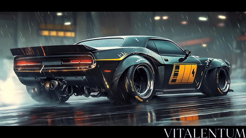 Modified racing car on wet track in night rain conditions.