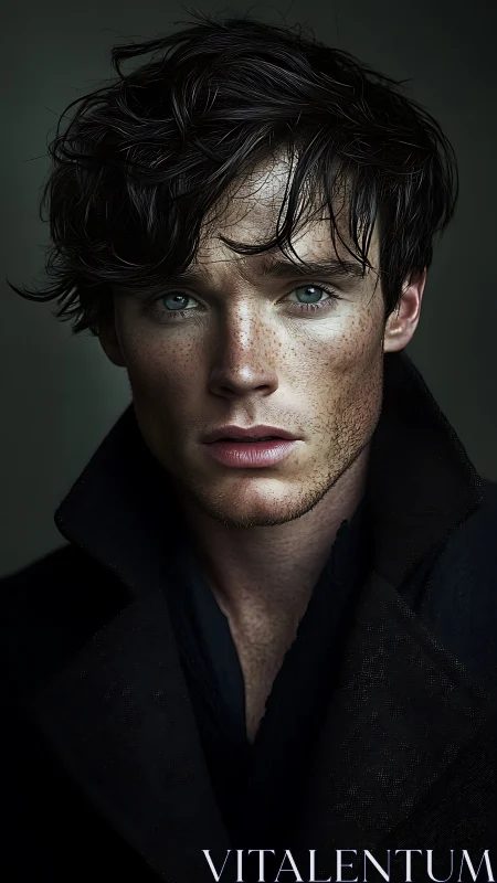 Brooding freckled man in dark coat under moody lighting.