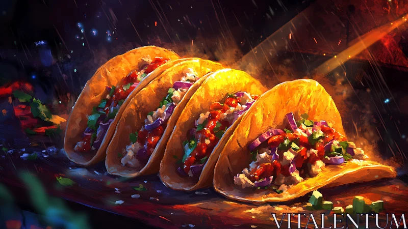 Glowing street tacos steam under dramatic painterly light