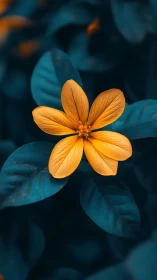 Golden Bloom Against Teal Foliage: Botanical Contrast Study.