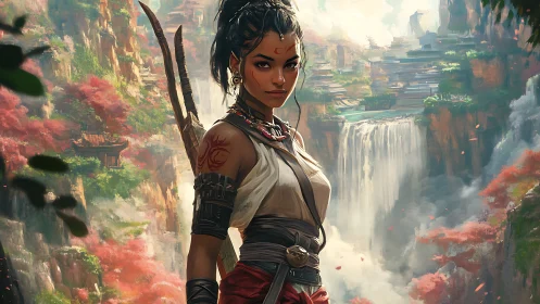 Warrior of the misty valley, standing guard over waterfalls.