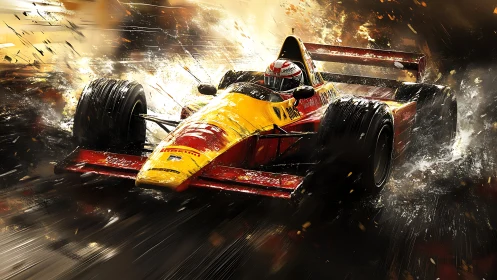 Formula race car cutting through wet track at speed.