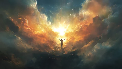 Radiant figure emerging within luminous apocalyptic clouds.