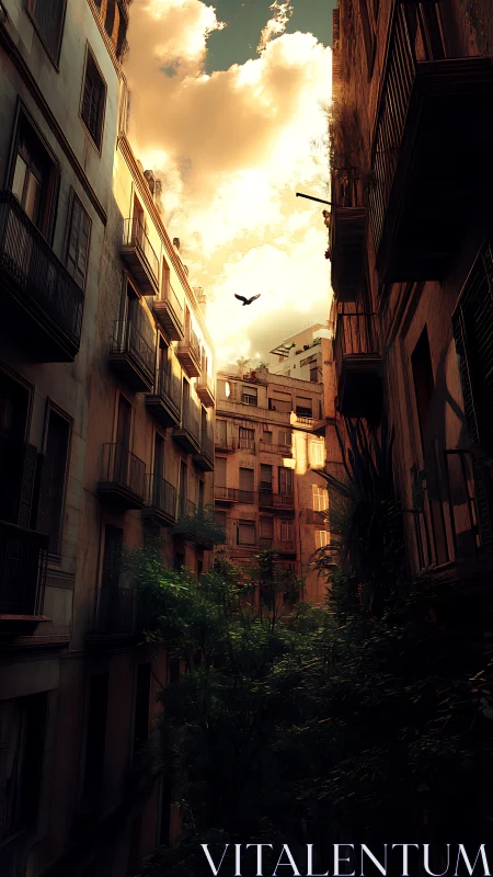 Cinematic urban canyon with verdant courtyard and skylit depth.