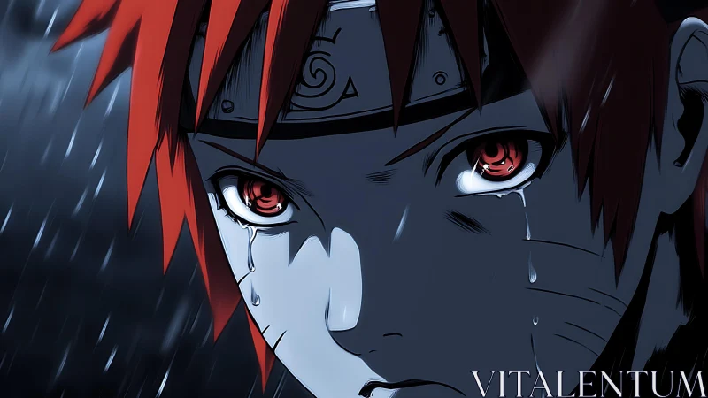 Moody anime close-up portrait with rain-soaked dramatic lighting.