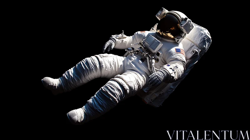 Photorealistic astronaut in EVA suit against deep black void.