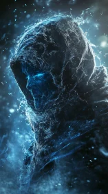 Hooded spectral figure formed from luminous blue energy and mist.