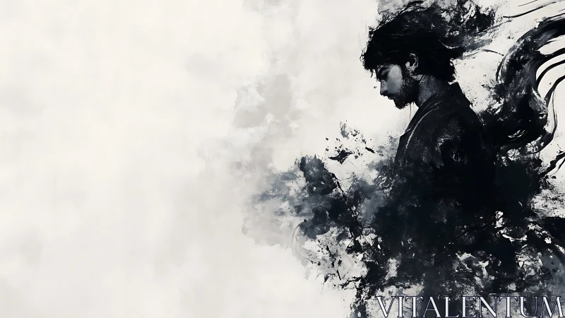 Monochrome ink profile of contemplative man dissolving into smoke