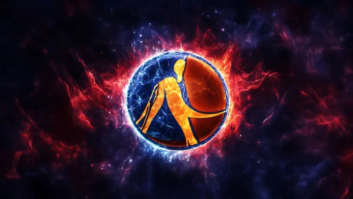 Circular fiery emblem shows abstract figure inside energy field