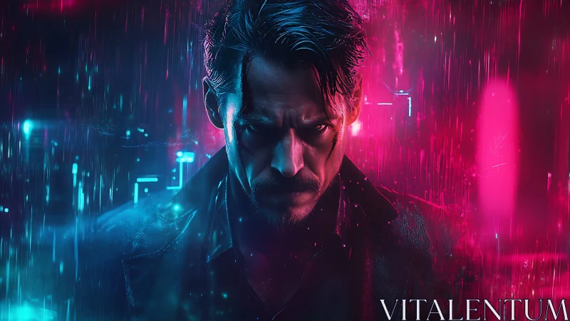 Brooding man in neon cyberpunk rain with intense stare.