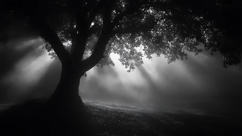 Soft morning sunbeams stream gently through a quiet tree
