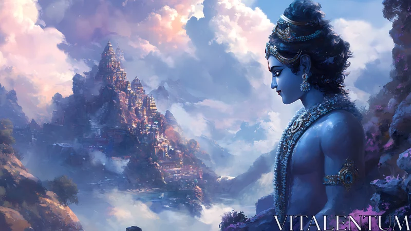 Skyborne blue deity watching over mist-wrapped mountain city.