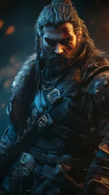 Battle-scarred warrior under cinematic blue-orange rim lighting.