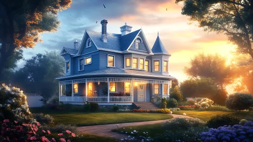 Victorian blue house glows warmly under dramatic sunset sky