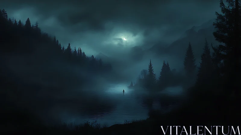 Solitary figure stands on misty lake under moonlit clouds
