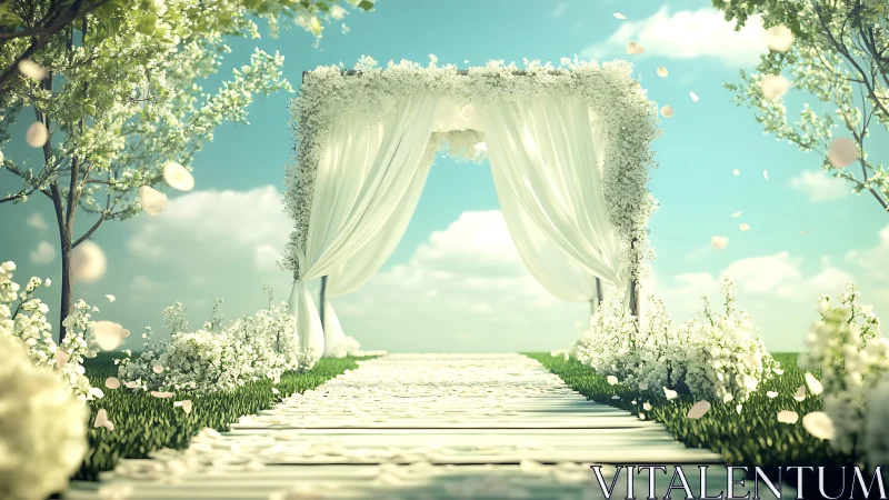 Outdoor wedding arch framed by white blossoms under sunlight