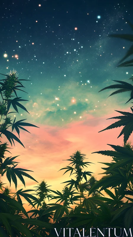 Starlit cannabis grove dreaming beneath a painted dusk sky.