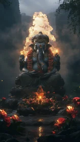Divine elephant deity statue amid firelit jungle shrine.