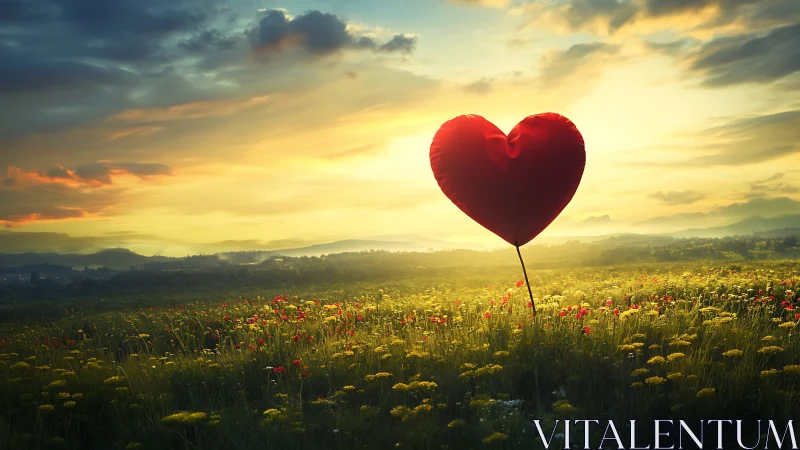 Red Heart-Shaped Object in Wildflower Field at Sunset