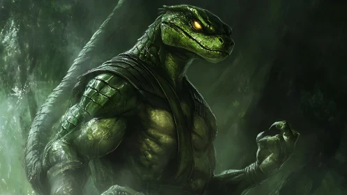 Armored lizard warrior emerges from shadowy jungle mist
