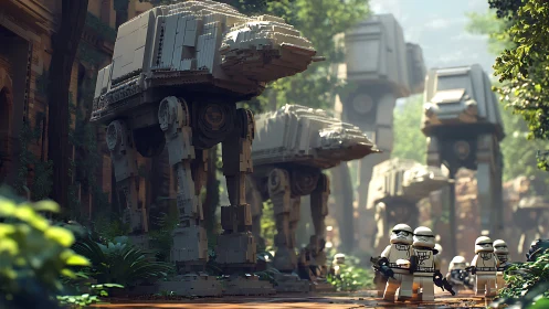 Lego imperial walkers patrol dense jungle ruins in sunlight