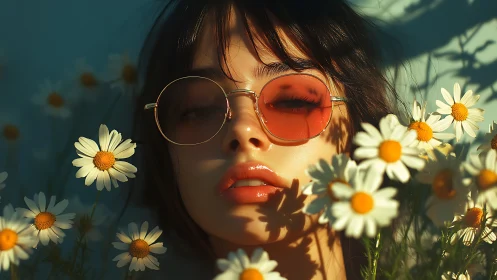 Sun-dazed muse drifting in a dreamy daisy bloomscape.