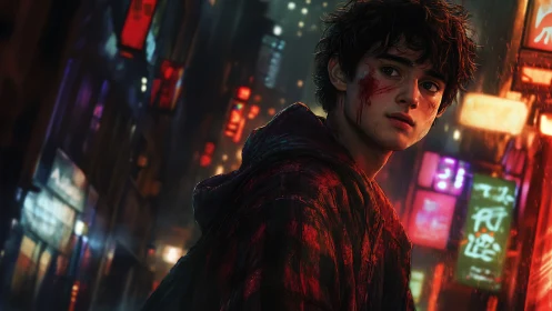 Bloodstreaked youth in neon-saturated nocturnal streetscape.