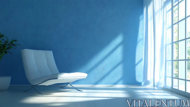 Minimalist blue lounge with white chair and daylight shadows.