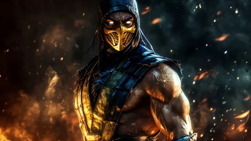 Masked fire warrior stands amid embers in dramatic darkness