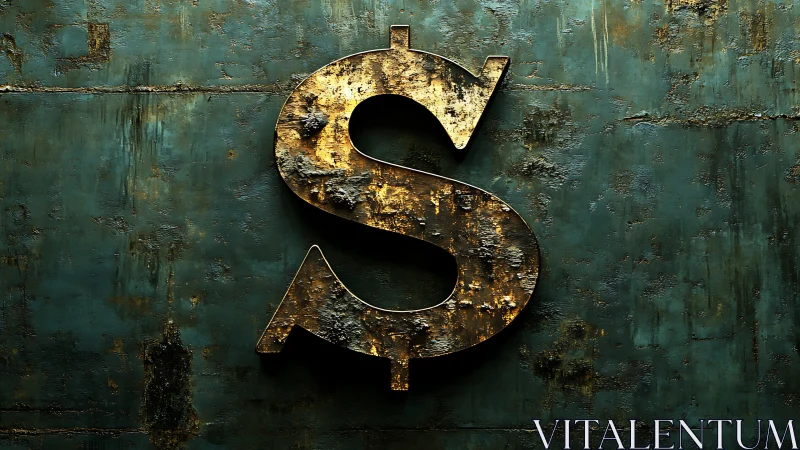 Rustic metallic dollar symbol on distressed teal wall.