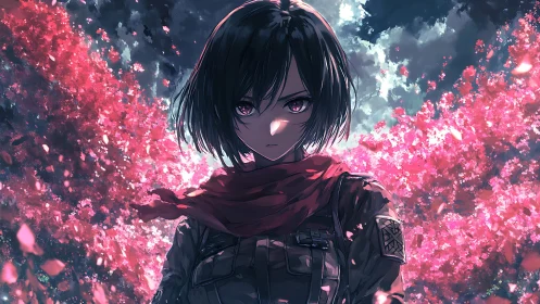 Stoic short-haired figure amid dense pink petals and sky.